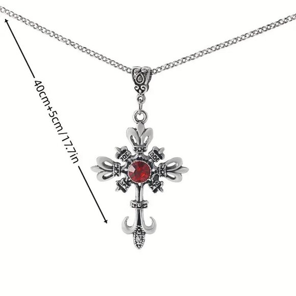 Necklace Ornate Cross Pendant Silver Magic Goth Crystal Fleur de lis Spiritual - Picture 5 of 5